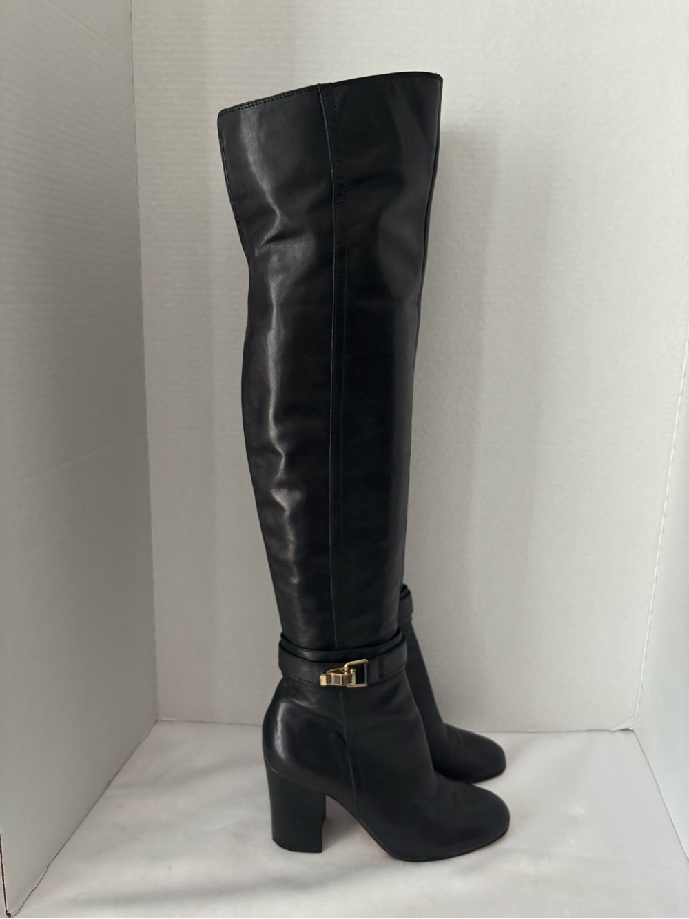 Sam Edelman Black Leather Over-the-Knee Block Heel Boots  W/ Ankle Buckle SZ 7.5 - Picture 9 of 15